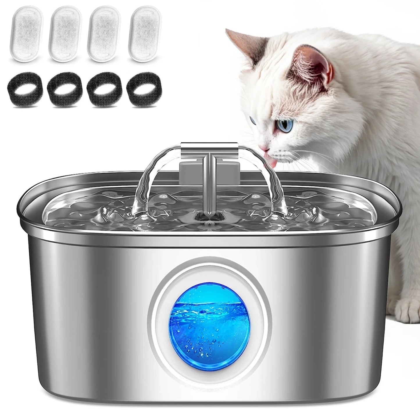 Cat Water Fountain Stainless Steel, 108Oz/3.2L Pet Fountain with Water Level Window, Dog Water Dispenser Drinking Fountain with 4 Replacement Filters for Cats, Dogs, Multiple Pets