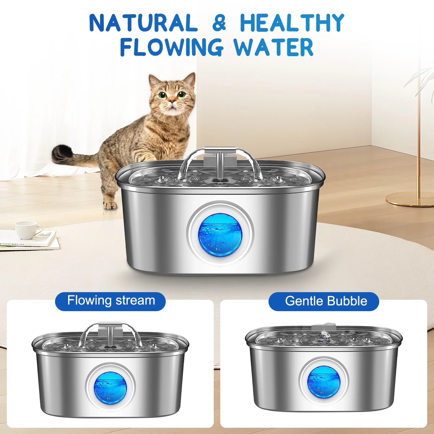 Cat Water Fountain Stainless Steel, 108Oz/3.2L Pet Fountain with Water Level Window, Dog Water Dispenser Drinking Fountain with 4 Replacement Filters for Cats, Dogs, Multiple Pets